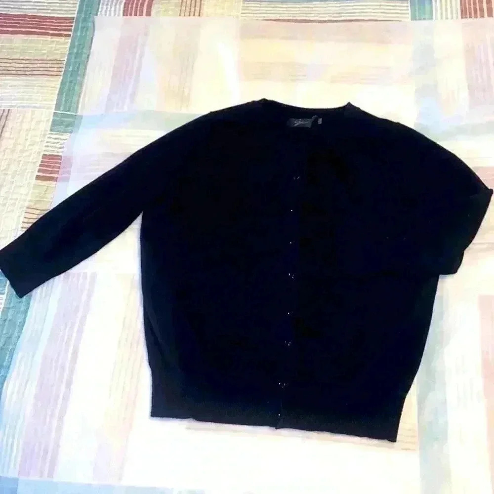 Simple Black Jacket,  lightweight, buttons down. Rayon/Nylon Mix. Clean, Washed